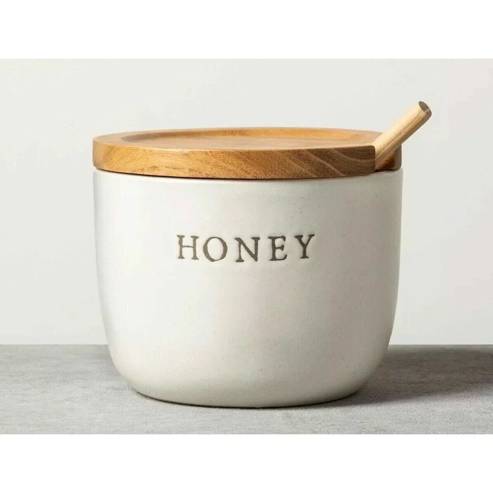 Hearth & Hand Magnolia Honey Pot Jar Stoneware Cellar Acacia Wood Dipper and Lid